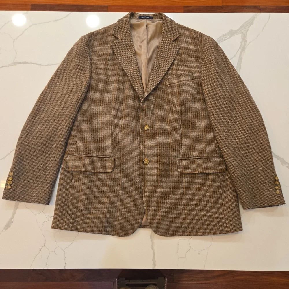 Vintage LambsWool Plaid Tweed Preppy Blazer Sports Jacket Brown Size 44
